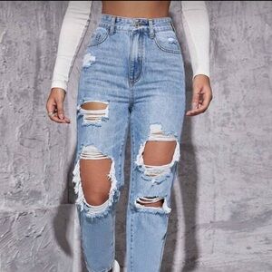 [98% Cotton] SHEIN ICON High Waist Straight Leg Ripped Jeans